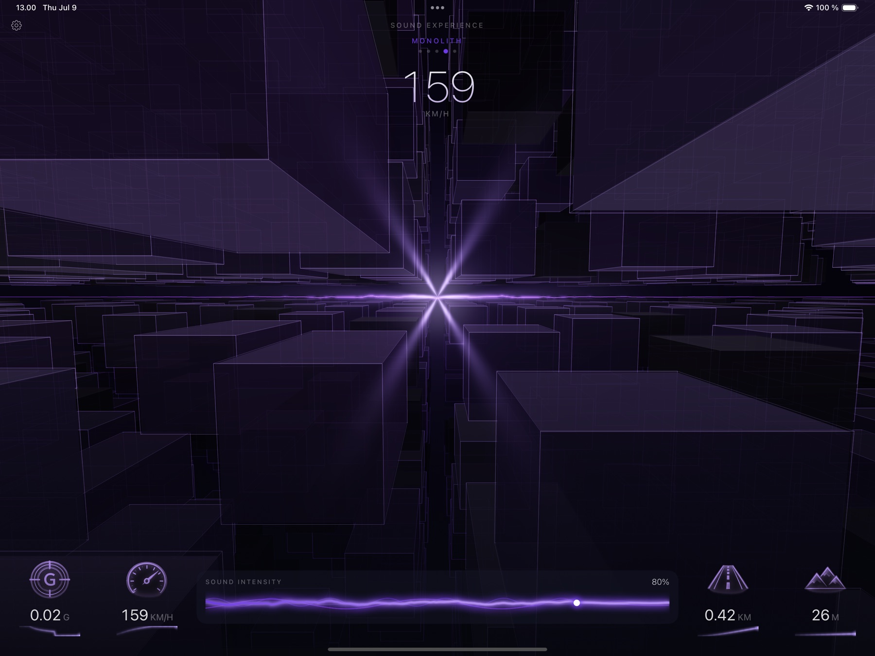 Drivescape MONOLITH theme in landscape on iPad Pro — colossal widescreen presence