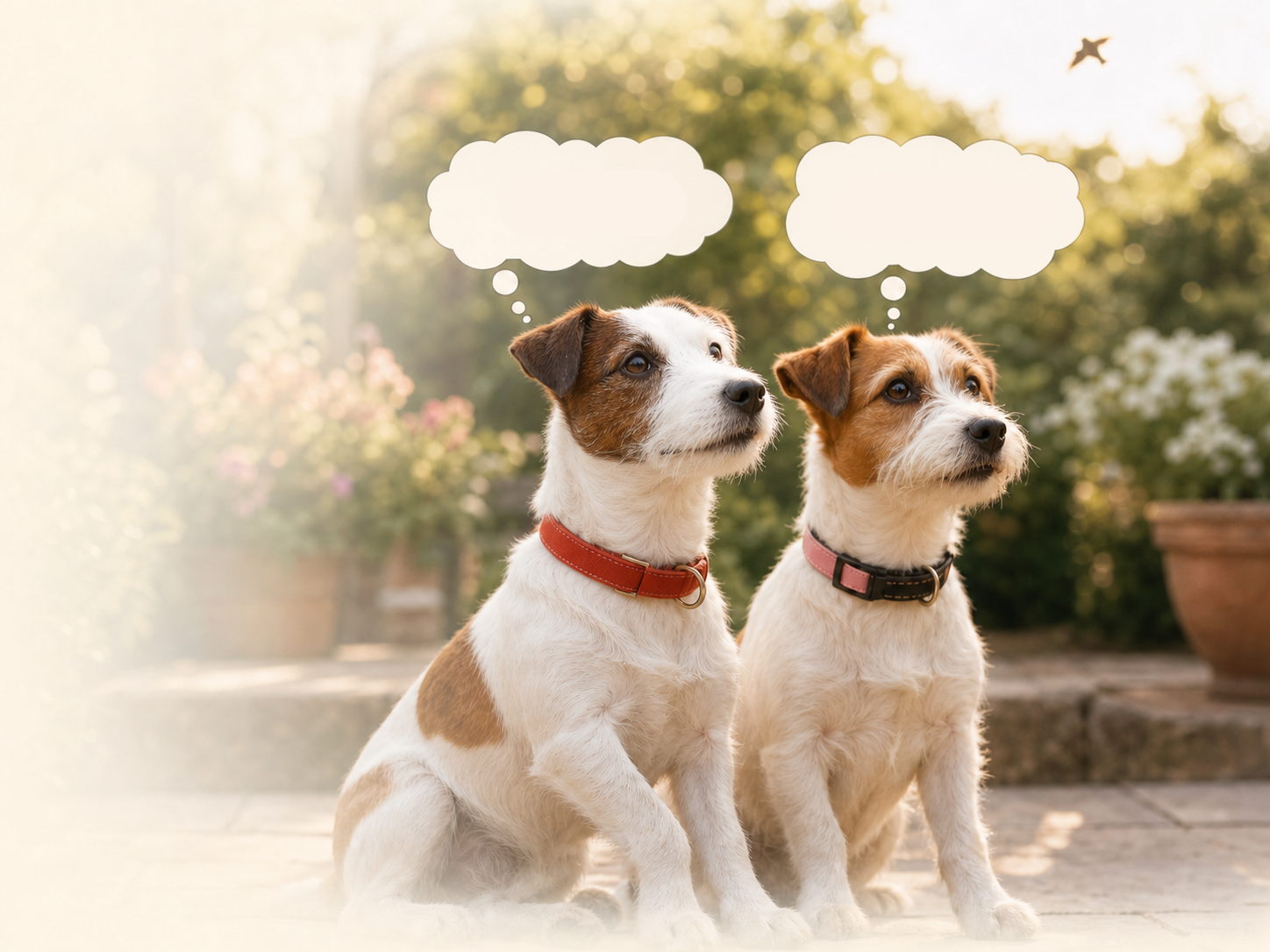 Two dogs debating whether a bird is a crow or sparrow