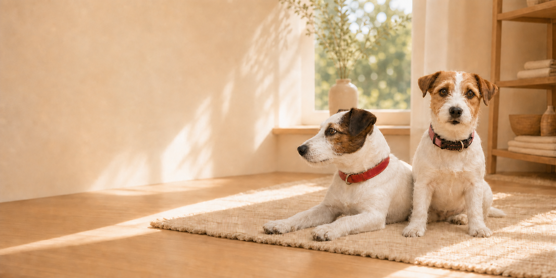 Two terriers resting in a sunlit room
