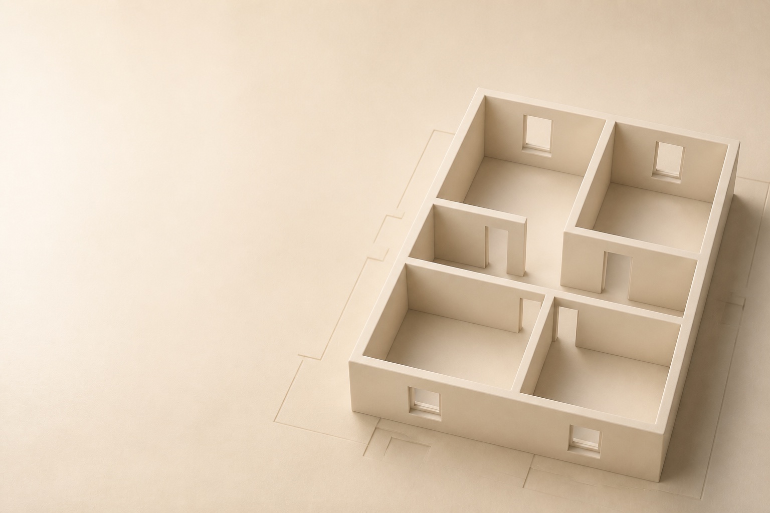 A warm cream architectural floor plan rendered in three dimensions