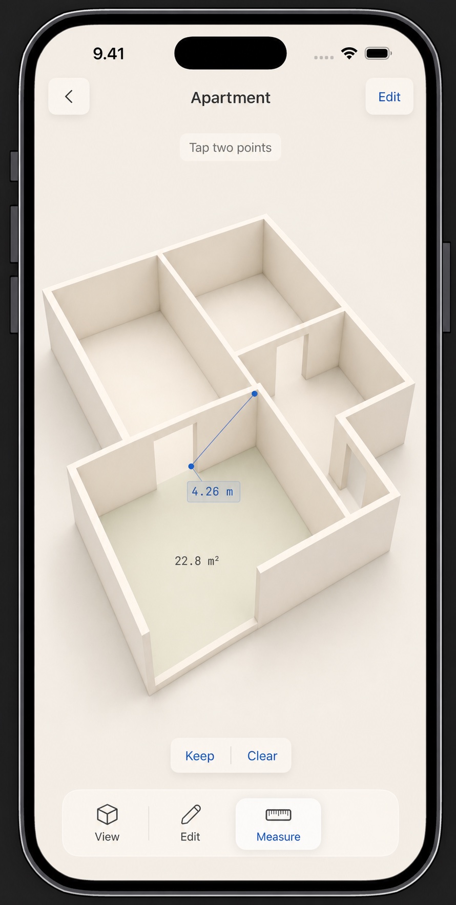 Overplan measurement interface over a cream clay room model