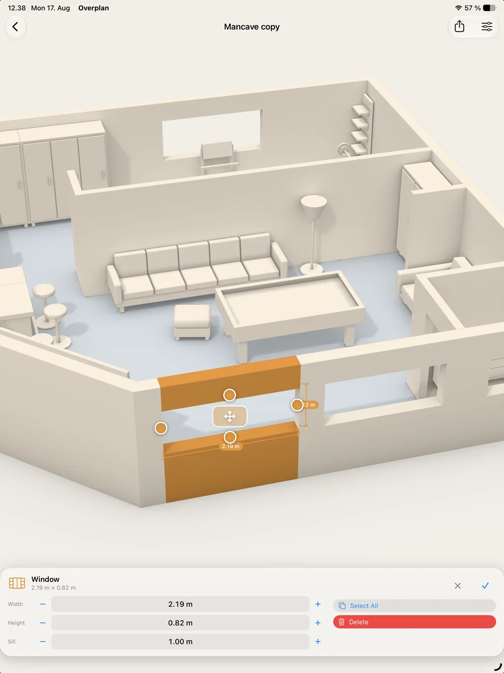Sizing a window on iPad with dimension lines
