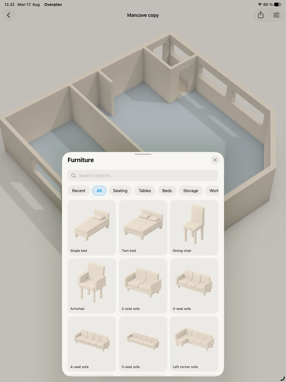 The furniture library on iPad