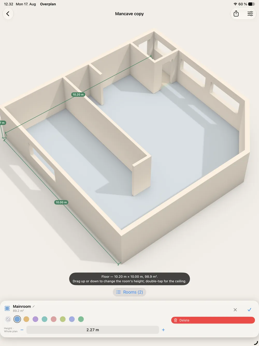 Naming a room and choosing its floor colour on iPad