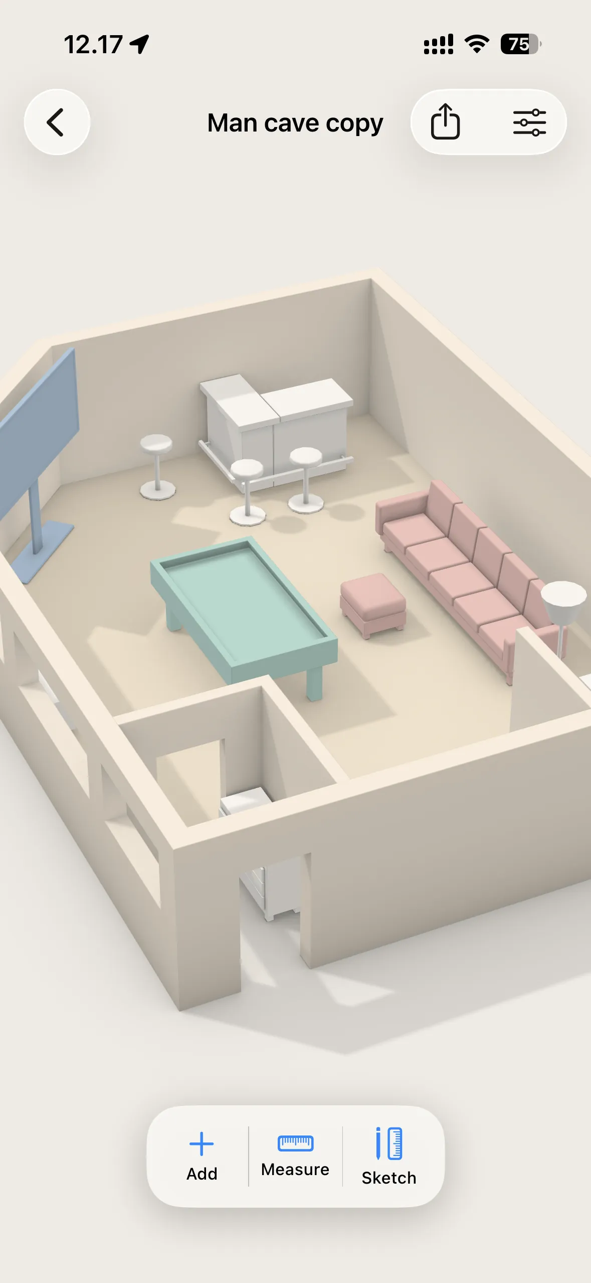 Overplan on iPhone showing a cream clay-rendered room in 3D with furniture