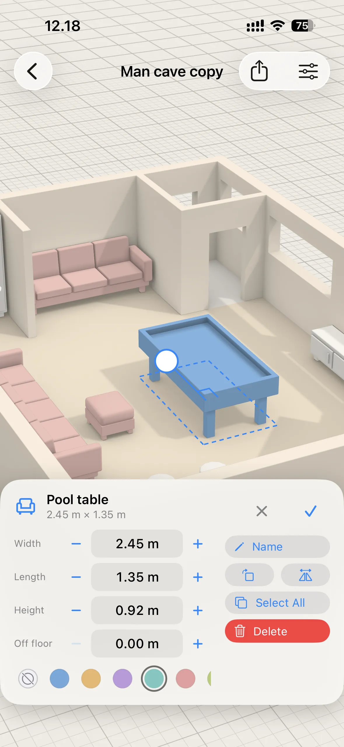 Placing and colouring a piece of furniture on iPhone