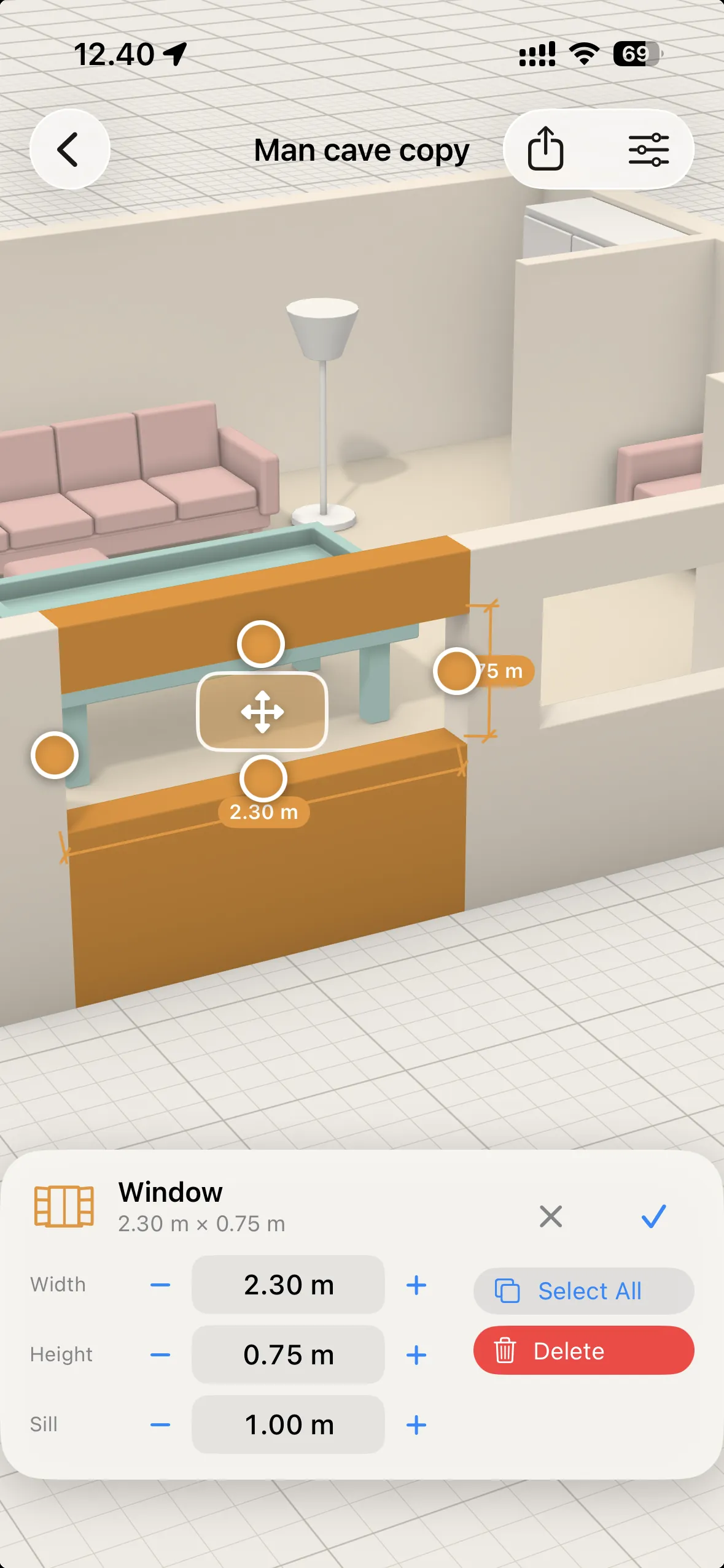 Sizing a window with live dimension lines on iPhone