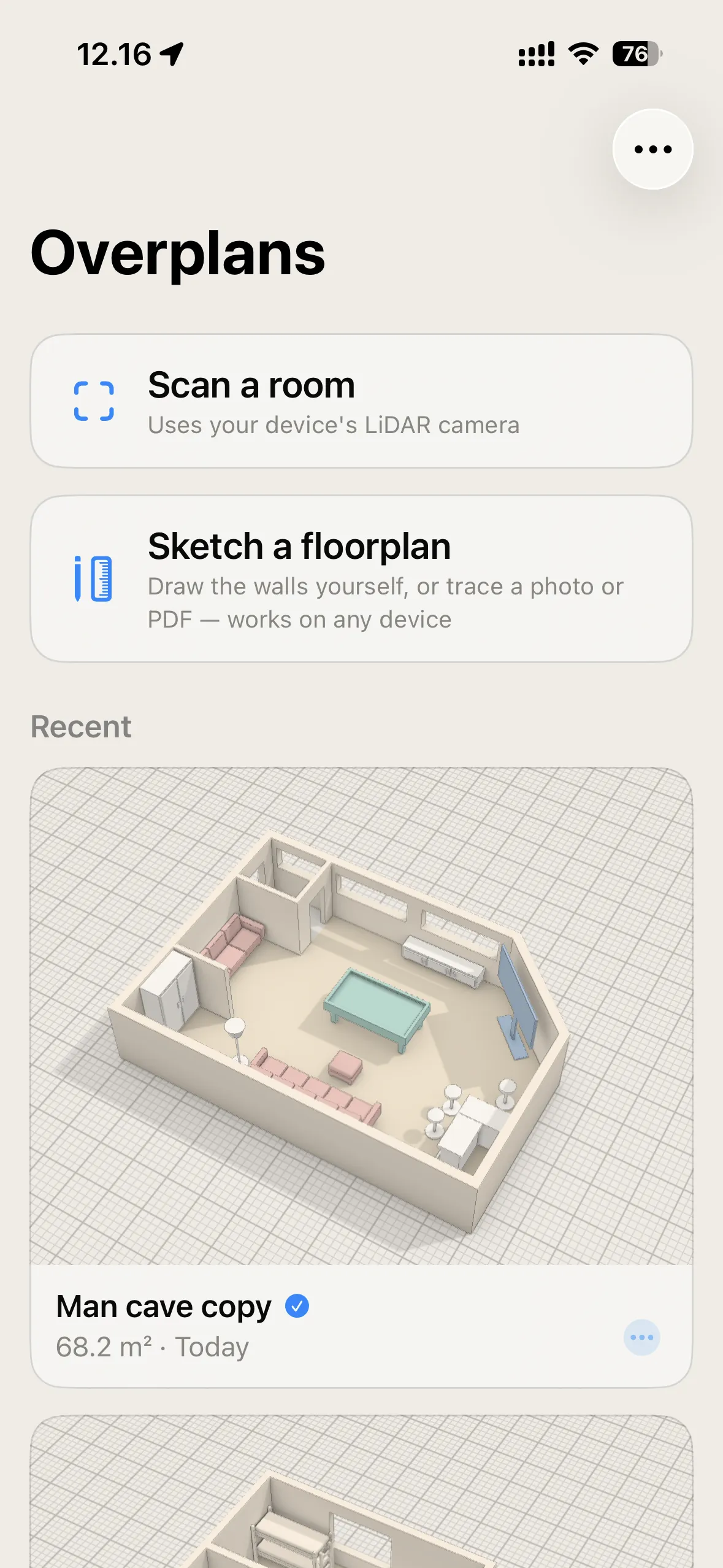 The Overplan library on iPhone, offering Scan a room or Sketch a floorplan