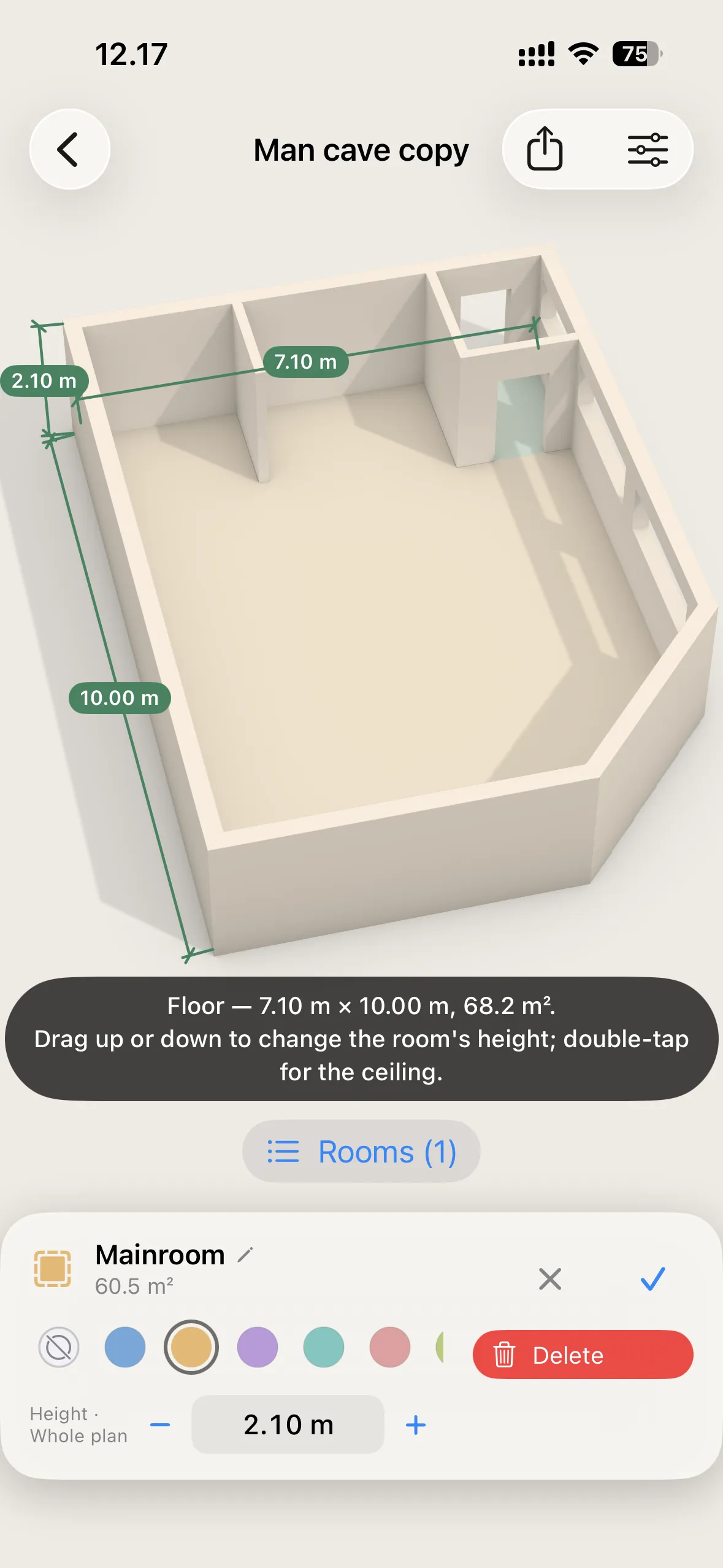 Naming a room and choosing its floor colour on iPhone