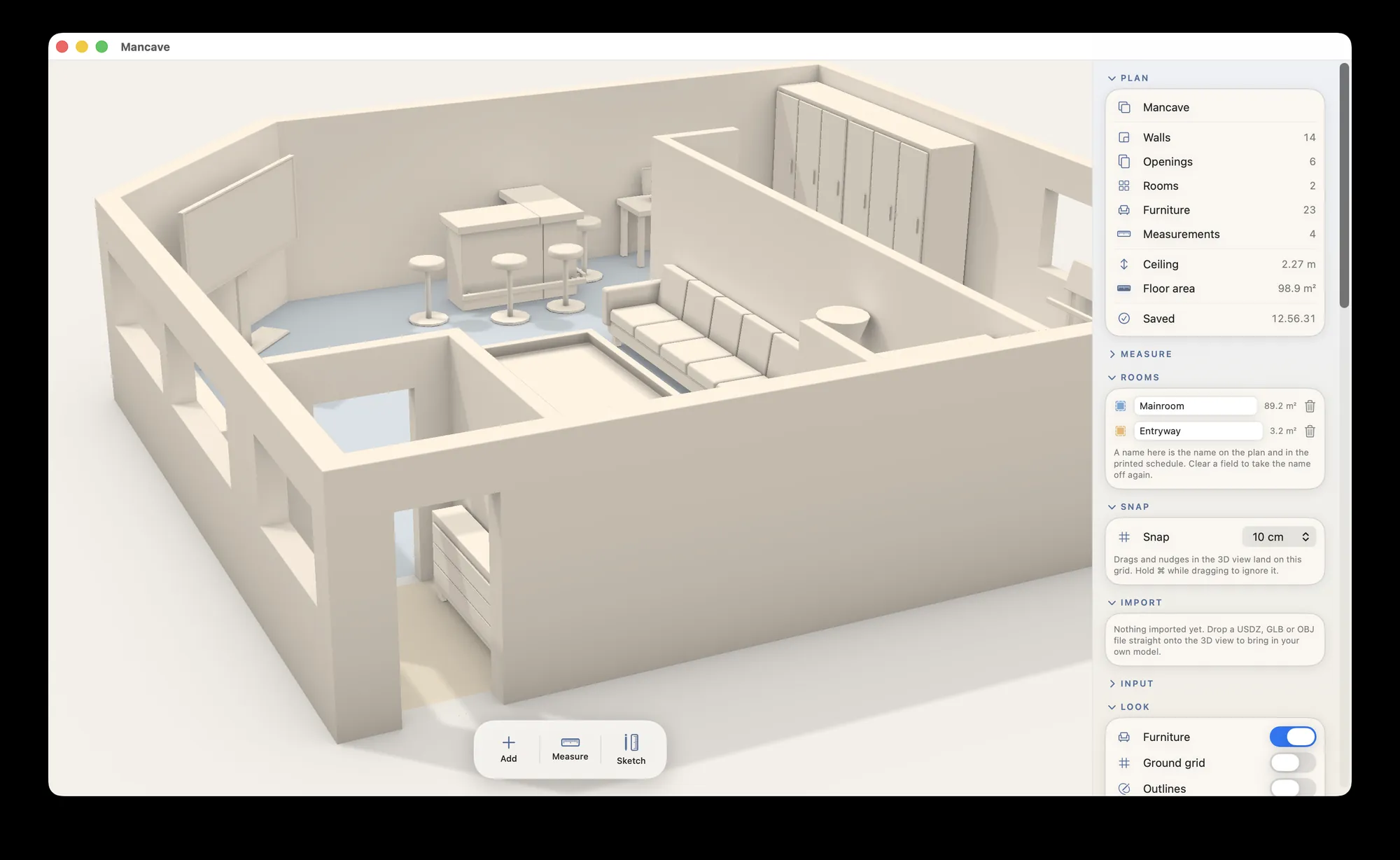 Overplan on Mac: a large clay room with a sidebar counting 14 walls, 6 openings, 2 rooms, 23 pieces of furniture and a 98.9 m² floor area