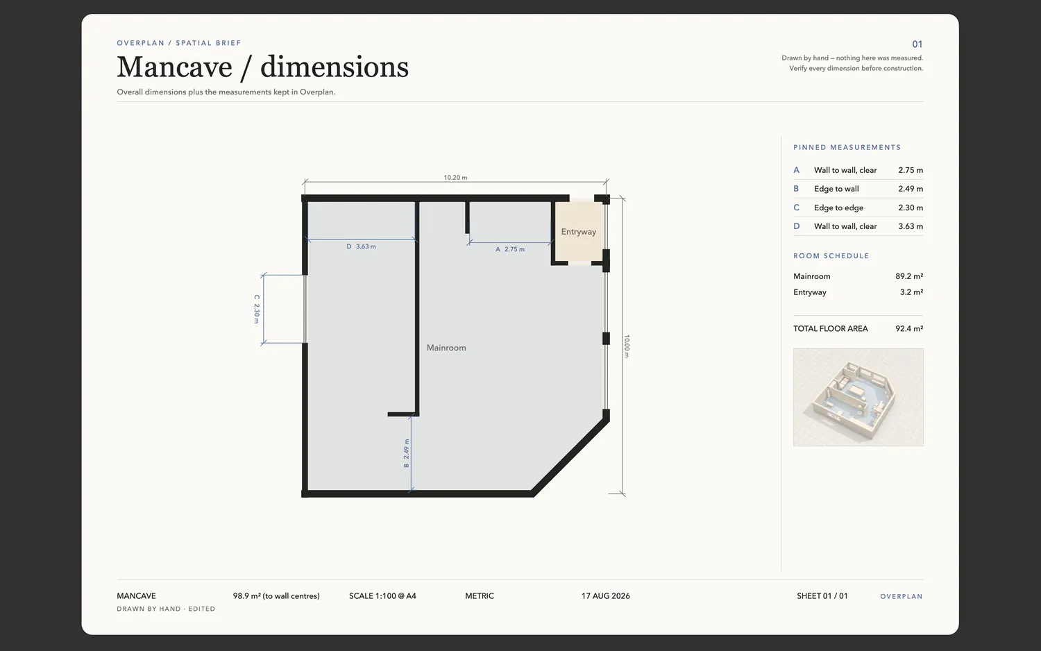 A to-scale dimensioned floor plan PDF exported by Overplan