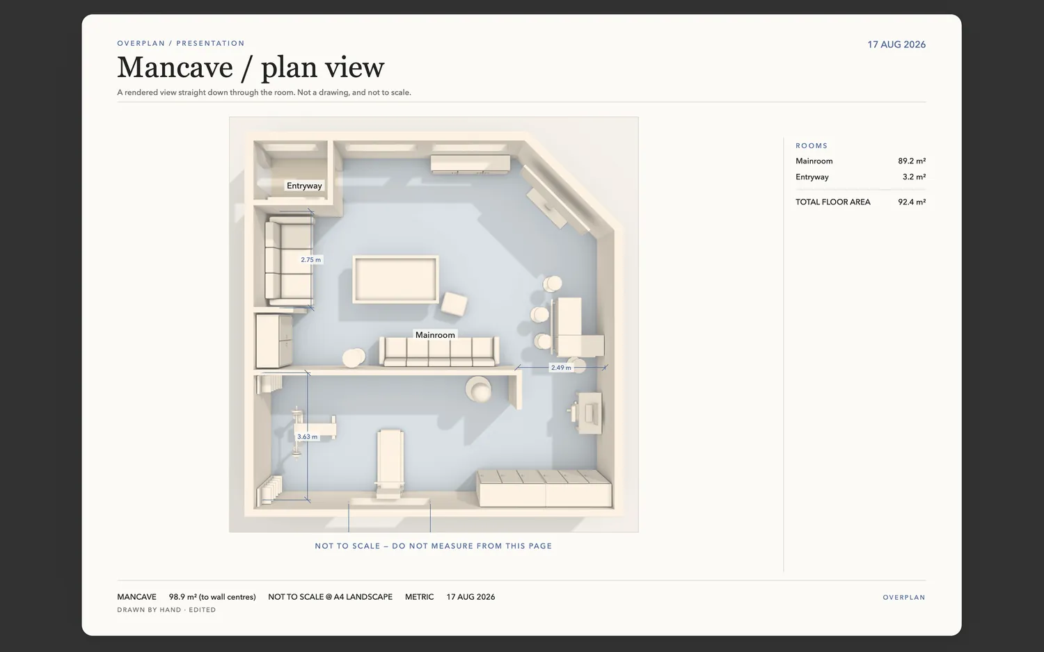 A presentation sheet with an orthographic top view of the room